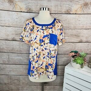 J. Crew Floral Print Pocket Tee‎ Cobalt Blue Short Sleeve Top - M
